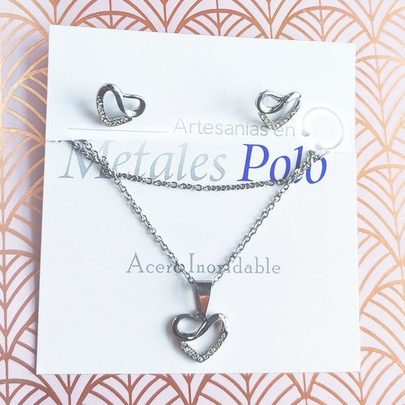 Heart Shaped Earrings & Necklace Set Gift Stainless Steel ♡ - Picture 4 of 5